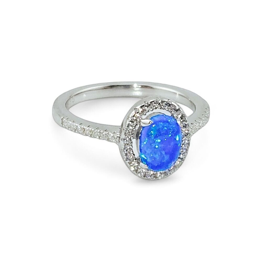 Sterling Silver 925 Blue Lab Opal and Clear CZ Oval Halo Ring
